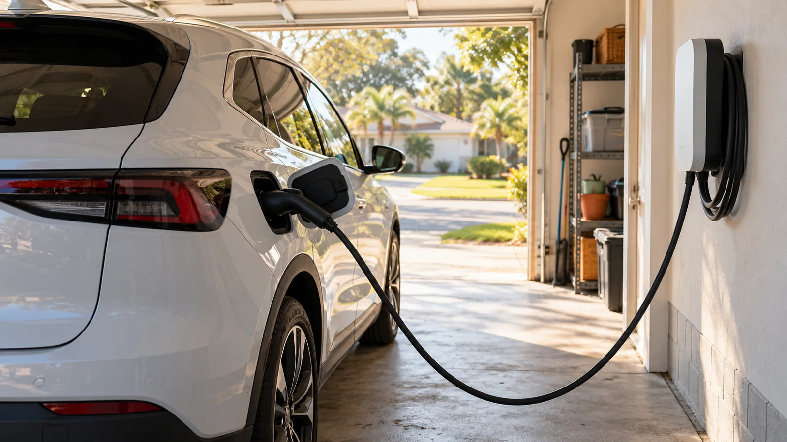 Electric vehicle charging beside a wall unit in a home garage