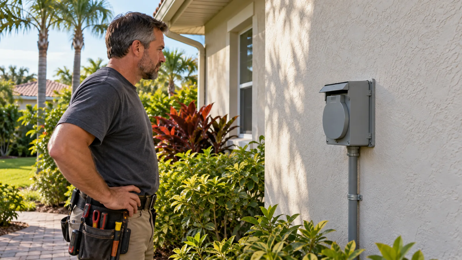 Electrician reviewing a closed outdoor generator connection enclosure