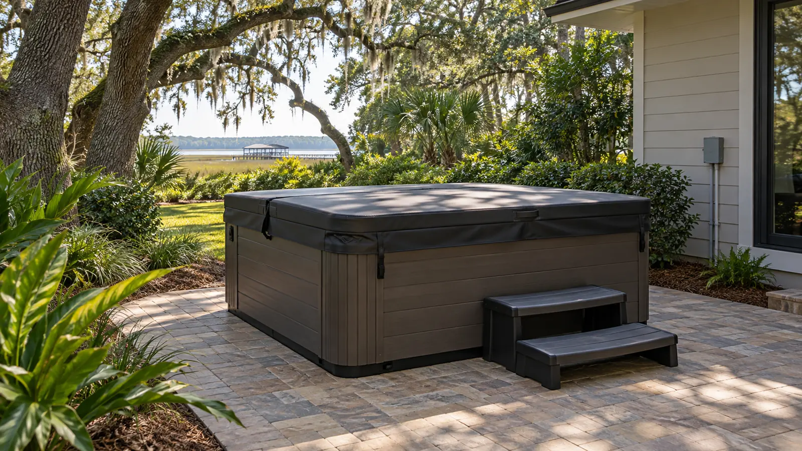 Covered hot tub on a landscaped Florida patio
